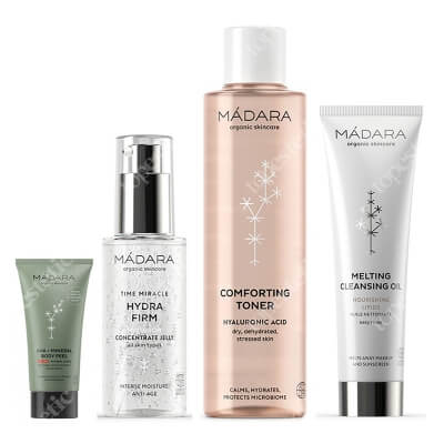 Madara Day Care Set + Mini peeling do ciała GRATIS ZESTAW Olejek oczyszczający 100 ml + Tonik kojący 200 ml + Żel z kwasem hialuronowym 75 ml + Peeling do ciała 20 ml