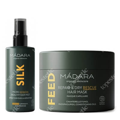 Madara Feed + Silk Micro Keratin Healthy Hair Mist ZESTAW Maska naprawczo - ratunkowa do włosów suchych 180 ml + Mgiełka do włosów z mikrokeratyną 90 ml