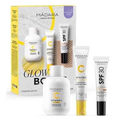 Madara Glow Boost ZESTAW Koncentrat rozjaśniający 30 ml + Rozświetlający krem regenerujący C 15 ml + Krem z filtrem 10 ml