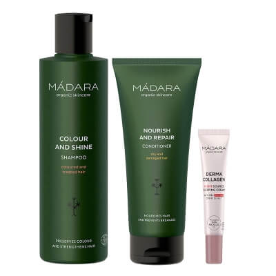 Madara Hair Care + Derma Collagen Night Source ZESTAW Szampon kolor i blask 250 ml + Odżywka wzmocnienie i naprawa 200 ml + Krem na noc 15 ml