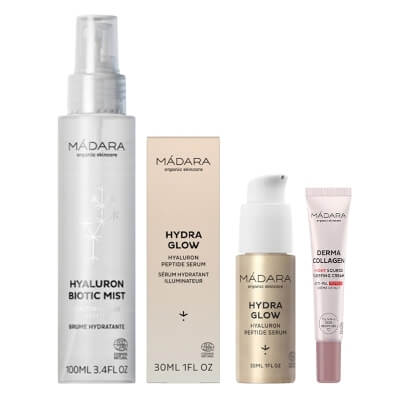 Madara Hialuron Biotic Mist + Hydra Glow + Derma Collagen Night Source ZESTAW Hialuronowa mgiełka biotyczna 100 ml + Hialuronowe serum peptydowe 30 ml + Krem na noc 15 ml