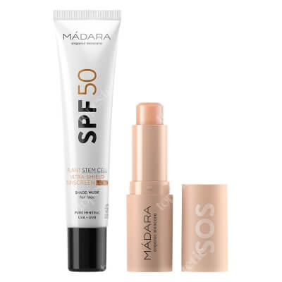 Madara SOS Hydra Rescue Balm + Ultra Shield Face Sunscreen SPF 50 ZESTAW Ratunkowy balsam do ust 4,5 g + Krem z filtrem 40 ml