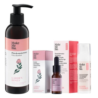 Make Me Bio Bloom Your Skin + Garden Roses + Garden Roses Serum ZESTAW Krem do twarzy niwelujący przebarwienia 30 ml + Płyn do mycia twarzy 200 ml + Silne odżywienie i nawilżenie 15 ml