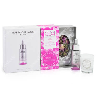 Maria Galland Coffret Ultim 'Boost Radiance ZESTAW Płatki róży damasceńskiej 5 g + Relaksująca Świeca z Białą Herbatą 35 g + Niezwykłe rozświetlenie 15 ml