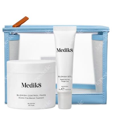 Medik8 Blemish Control Pads + Blemish SOS  ZESTAW Bezalkoholowe płatki złuszczające 60 szt. + Punktowy żel na niedoskonałości 15 ml + Kosmetyczka 1 szt