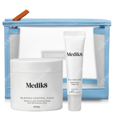 Medik8 Blemish Control Pads + Blemish SOS  ZESTAW Bezalkoholowe płatki złuszczające 60 szt. + Punktowy żel na niedoskonałości 15 ml + Kosmetyczka 1 szt