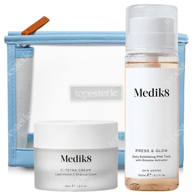 Medik8 C-Tetra Cream + Press & Glow ZESTAW Antyoksydacyjny krem z witaminą C 50 ml + Tonik z 5,5% glukonolaktonem 200 ml + Kosmetyczka