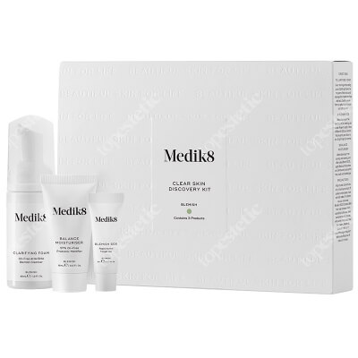 Medik8 Clear Skin Discovery Kit ZESTAW Bezolejowa pianka oczyszczająca 40 ml + Punktowy żel na niedoskonałości 5 ml + Krem probiotyczny 15 ml