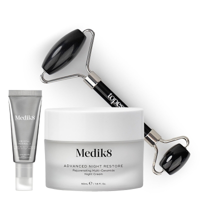 Medik8 Crystal Retinal 3 + Advanced Night Restore + Roller Gratis !! ZESTAW Serum na noc o średniej mocy z aldehydem retinowym 30 ml + Odbudowujący krem naprawczy na noc 50 ml + Roller z obsydianu 1 szt Gratis!!