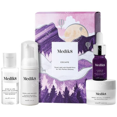 Medik8 Escape ZESTAW Trójfazowy płyn do demakijażu 30 ml + Odżywczy mus oczyszczający 40 ml + Wzmocnione serum 8 ml + Krem z retinolem 12,5 ml