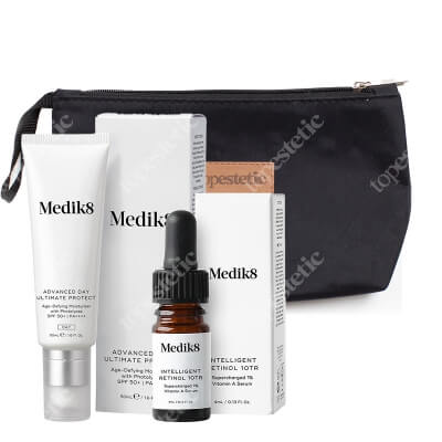 Medik8 Intelligent Retinol 10TR + Advanced Day Ultimate Protect SPF 50+ PA++++ ZESTAW Wzmocnione serum z witaminą A 1%, 4 ml + Krem nawilżający zwalczający oznaki starzenia skóry, SPF 50+ PA++++ 50 ml + Kosmetyczka