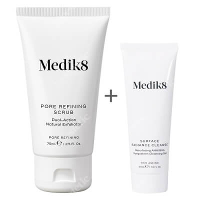 Medik8 Pore Refining Scrub + Surface Radiance Cleanse ZESTAW Dwufunkcyjny peeling oczyszczający 75 ml + Żel oczyszczający z mangostanem i kwasami AHA/BHA 40 ml