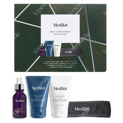 Medik8 Self - Care Sunday Collection ZESTAW Dwuetapowa, nawilżająca maska na noc 2 x 50 ml + Wzmocnione serum z kwasem hialuronowym 30 ml + Opaska kosmetyczna 1 szt