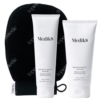 Medik8 Smooth Body Exfoliating Kit ZESTAW Peeling do ciała 150 ml + Balsam do ciała 200 ml + Rękawica do masażu ciała 1 szt