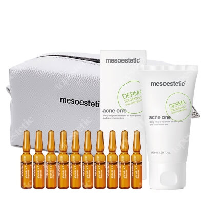 Mesoestetic Acne One + Glycolic + E + F Ampoules ZESTAW Aktywny krem o wielokierunkowym działaniu 50 ml + Redukuje niedoskonałości, rozświetla i ujednolica koloryt skóry 10x2 ml + Kosmetyczka 1 szt