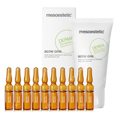 Mesoestetic Acne One + Glycolic + E + F Ampoules ZESTAW Krem o wielokierunkowym działaniu 50 ml + Redukuje niedoskonałości, rozświetla i ujednolica koloryt skóry 10x2 ml