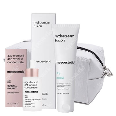 Mesoestetic Age Element Anti - Wrinkle Concentrate + Hydracream Fusion  ZESTAW Serum 30 ml + Równoważący i przeciwdziałający zanieczyszczeniom krem - olejek do mycia twarzy 100 ml + Kosmetyczka 1 szt