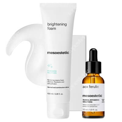 Mesoestetic AOX Ferulic + Brightening Foam ZESTAW Antyoksydacyjne serum z witaminą C 30 ml + Kremowa pianka myjąca z kwasami AHA do skóry normalnej i mieszanej 100 ml