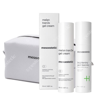 Mesoestetic Brightening Peel Booster + Melan Tran3x ZESTAW Głęboki peeling odświeżający koloryt skóry 50 ml + Żel-krem o działaniu depigmentującym na dzień 50 ml + Kosmetyczka Mesoestetic 1 szt