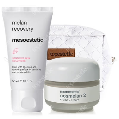 Mesoestetic Cosmelan 2 + Melan Recovery ZESTAW Krem na przebarwienia 30 g + Krem o silnych właściwościach natłuszczających oraz nawilżających 50 ml + Kosmetyczka