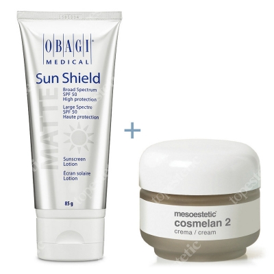 Mesoestetic Cosmelan 2 + Sun Shield SPF 50 ZESTAW Krem na przebarwienia 30 g + Matujący krem UVA i UVB 85 g