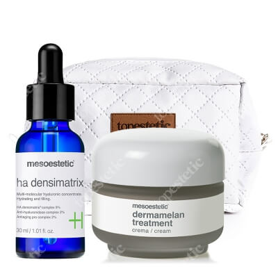 Mesoestetic Dermamelan + Ha Densimatrix ZESTAW Krem na przebarwienia 30 g + Serum z kwasem hialuronowym 30 ml + Kosmetyczka 1 szt