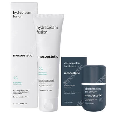 Mesoestetic Dermamelan Treatment + Hydracream Fusion ZESTAW Krem na przebarwienia do stosowania w domu 30 g + Równoważący i przeciwdziałający zanieczyszczeniom krem - olejek do mycia twarzy 100 m