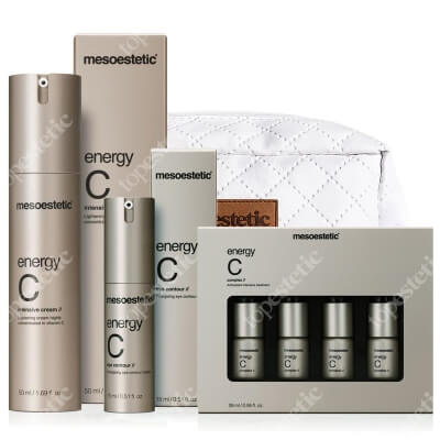 Mesoestetic Energy C Set ZESTAW Rozświetlający krem pod oczy 15 ml + Rozświetlające serum z witaminą C 4 x 7 ml + Rozświetlający krem 50 ml + Kosmetyczka