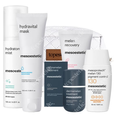 Mesoestetic Kuracja Dermamelan ZESTAW Krem na przebarwienia 30 g + Tonik 125 ml + Maska nawilżająca 100 ml + Fluid koloryzujący 50 ml + Krem natłuszczający 50 ml + Kosmetyczka