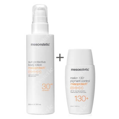 Mesoestetic Mesoprotech Melan 130+ + Mesoprotech Sun Protective Body Lotion SPF 30 ZESTAW Fluid koloryzujacy SPF50+ 50 ml + Przeciwsłoneczna emulsja do ciała SPF30 200 ml
