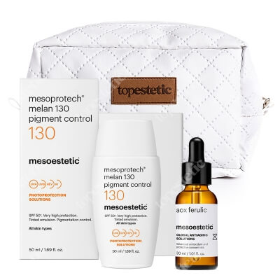 Mesoestetic Mesoprotech Melan SPF 130+ + AOX Ferulic + Kosmetyczka ZESTAW Fluid koloryzujacy SPF130+ 50 ml + Antyoksydacyjne serum z witaminą C 30 ml + Biała, pikowana kosmetyczka