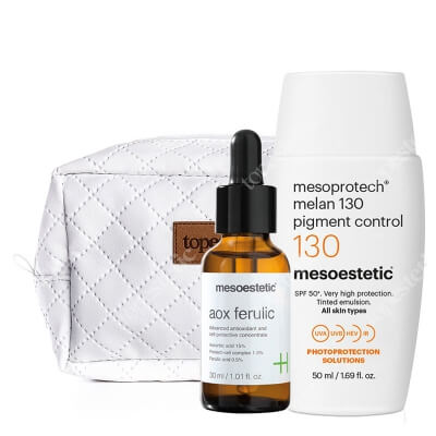 Mesoestetic Mesoprotech Melan SPF 130+ + AOX Ferulic + Kosmetyczka ZESTAW Fluid koloryzujacy SPF130+ 50 ml + Antyoksydacyjne serum z witaminą C 30 ml + Biała, pikowana kosmetyczka