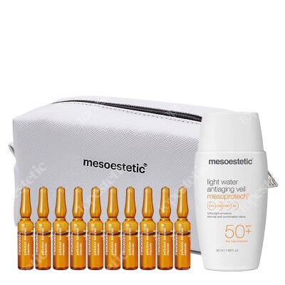 Mesoestetic Pollution Defense Ampoules + Mesoprotech Light Water Antiaging Veil SPF 50+ ZESTAW Działanie anti-aging 10x2 ml + Ultralekki fluid anti-aging SPF50+ 50 ml + Kosmetyczka 1 sz