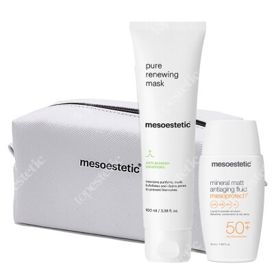 Mesoestetic Pure Renewing Mask + Mesoprotech Mineral Matt SPF 50+  ZESTAW Maska oczyszczająca i złuszczająca 100 ml + Mineralny fluid SPF50+ 50 ml + Kosmetyczka 1 szt
