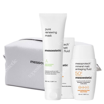 Mesoestetic Pure Renewing Mask + Mesoprotech Mineral Matt SPF 50+  ZESTAW Maska oczyszczająca i złuszczająca 100 ml + Mineralny fluid SPF50+ 50 ml + Kosmetyczka 1 szt
