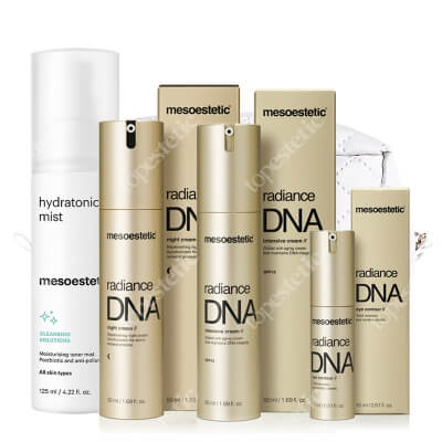 Mesoestetic Radiance DNA Set ZESTAW Krem remodelujący okolice oka 15 ml + Krem na noc 50 ml + Krem na dzień SPF 15 50 ml + Nawilżający tonik 125 ml + Kosmetyczka 1 szt