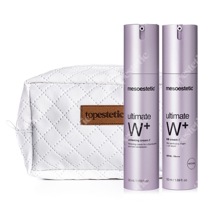 Mesoestetic Ultimate W+ Whitening Cream BB Medium + Ultimate W+ Whitening Cream + Kosmetyczka ZESTAW Krem BB wyrównujący koloryt - kolor Medium 50 ml + Depigmentujący krem do twarzy 50 ml + Biała, pikowana kosmetyczka