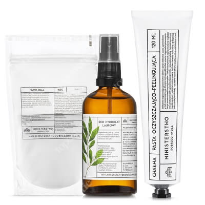 Ministerstwo Dobrego Mydła Chałwa Peel + Laur + Glinka Biała ZESTAW Peeling do twarzy 120 ml + Eko hydrolat laurowy 100 ml + Naturalna certyfikowana glinka 100 g
