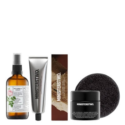 Ministerstwo Dobrego Mydła Cleansing Night Set ZESTAW Eko hydrolat różany 100 ml + Peeling do twarzy 120 ml + Wygładzająca maska-krem na noc 50 ml + Gąbka 1 szt
