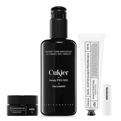 Ministerstwo Dobrego Mydła Cukier + Miód + Chałwa Peel + Ryż ZESTAW Tonik 200 ml + Peeling do ust 15 g + Peeling do twarzy 120 ml + Pomadka 4,5 g