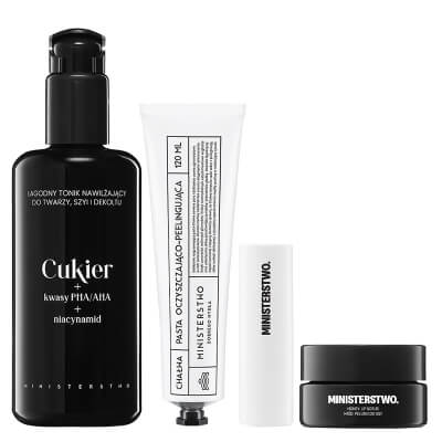 Ministerstwo Dobrego Mydła Cukier + Miód + Chałwa Peel + Ryż ZESTAW Tonik 200 ml + Peeling do ust 15 g + Peeling do twarzy 120 ml + Pomadka 4,5 g