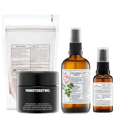Ministerstwo Dobrego Mydła Glinka Różowa + Jagoda + Róża - Malina ZESTAW Glinka 100 g + Hydrolat różany 100 ml + Olej 30 ml + Krem 50 ml