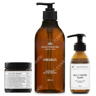 Ministerstwo Dobrego Mydła Hibiskus + Masło Shea + Śliwka ZESTAW Żel pod prysznic 400 ml + Masło do skóry suchej i wrażliwej 75 g + Olej z pestek śliwki 140 ml