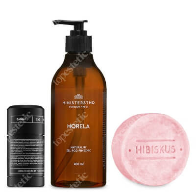 Ministerstwo Dobrego Mydła Hibiskus + Morela + Banan ZESTAW 2w1 Szampon w kostce 85 g + Naturalny żel pod prysznic 400 ml + Balsam do ciała w sztyfcie 75 g
