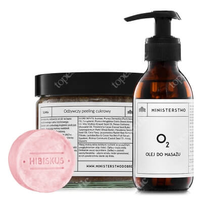Ministerstwo Dobrego Mydła Hibiskus + Śliwka + 02 ZESTAW 2w1 Szampon w kostce 85 g + Odżywczy peeling cukrowy 300 g + Olej do masażu i pielęgnacji ciała 140 ml