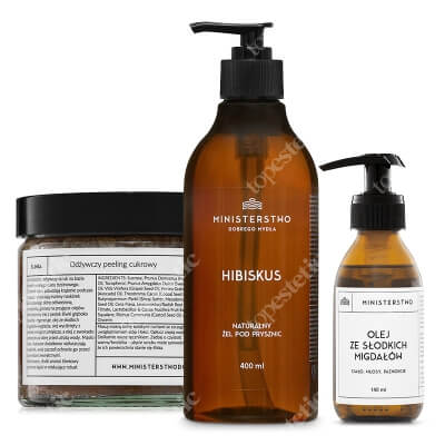Ministerstwo Dobrego Mydła Hibiskus + Śliwka + Słodkie Migdały ZESTAW Żel pod prysznic 400 ml + Peeling cukrowy 300 g + Olej 140 ml