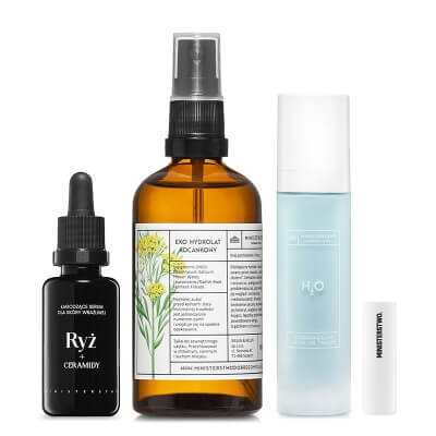 Ministerstwo Dobrego Mydła Kocanka + Ryż-Ceramidy + H2O + Miód ZESTAW Hydrolat kocankowy 100 ml + Serum 30 ml + Krem 50 ml + Pomadka 4,5 g