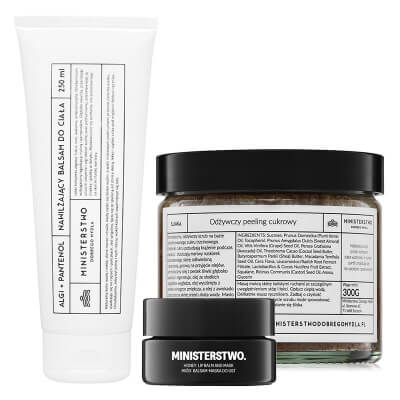 Ministerstwo Dobrego Mydła Miód + Śliwka + Algi+ Pantenol ZESTAW Balsam do ust 13 g + Peeling cukrowy 300 g + Balsam do ciała 250 ml