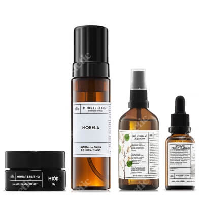 Ministerstwo Dobrego Mydła Miód + Trzcina Cukrowa + Oczar + Morela ZESTAW Balsam do ust 13 g + Lekki bezzapachowy olejek 30 ml + Eko hydrolat oczarowy 100 ml + Pianka do mycia twarzy 200 ml