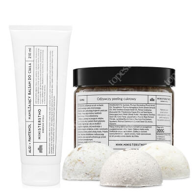 Ministerstwo Dobrego Mydła Mleko + Cynamon + Nagietek + Śliwka + Algi i Pantenol ZESTAW Półkula kąpielowa 60 g x 3 + Peeling cukrowy 300 g + Balsam 250 ml